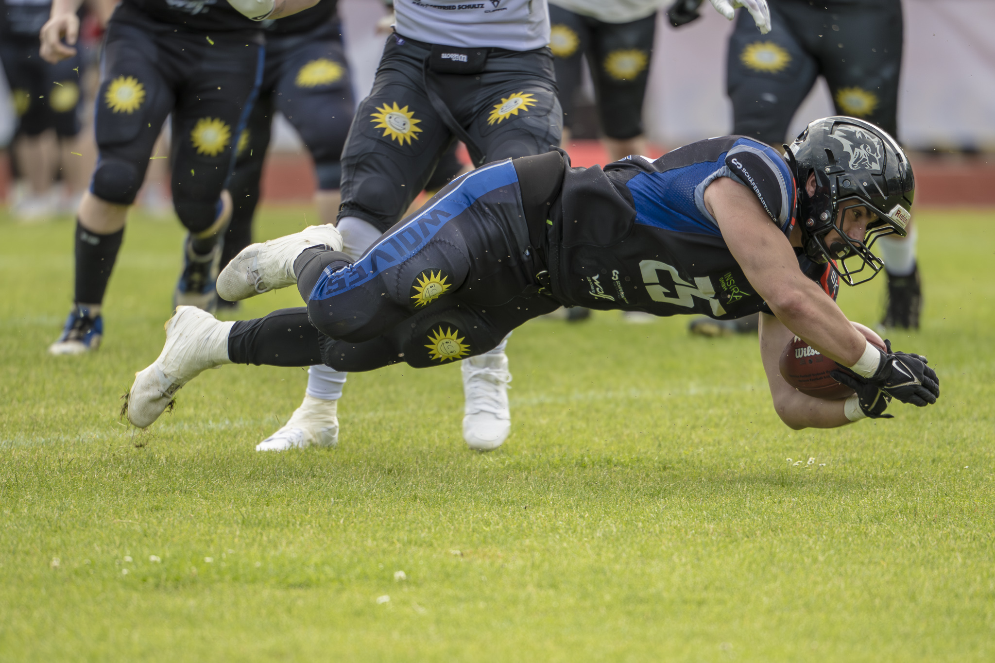 Minden Wolves verpassen Heimsieg knapp – Longhorns feiern ersten Saisonsieg René Lange erzielte für die Minden Wolves den Touchdown zum 12:14 - Foto: Nick Jungnitsch